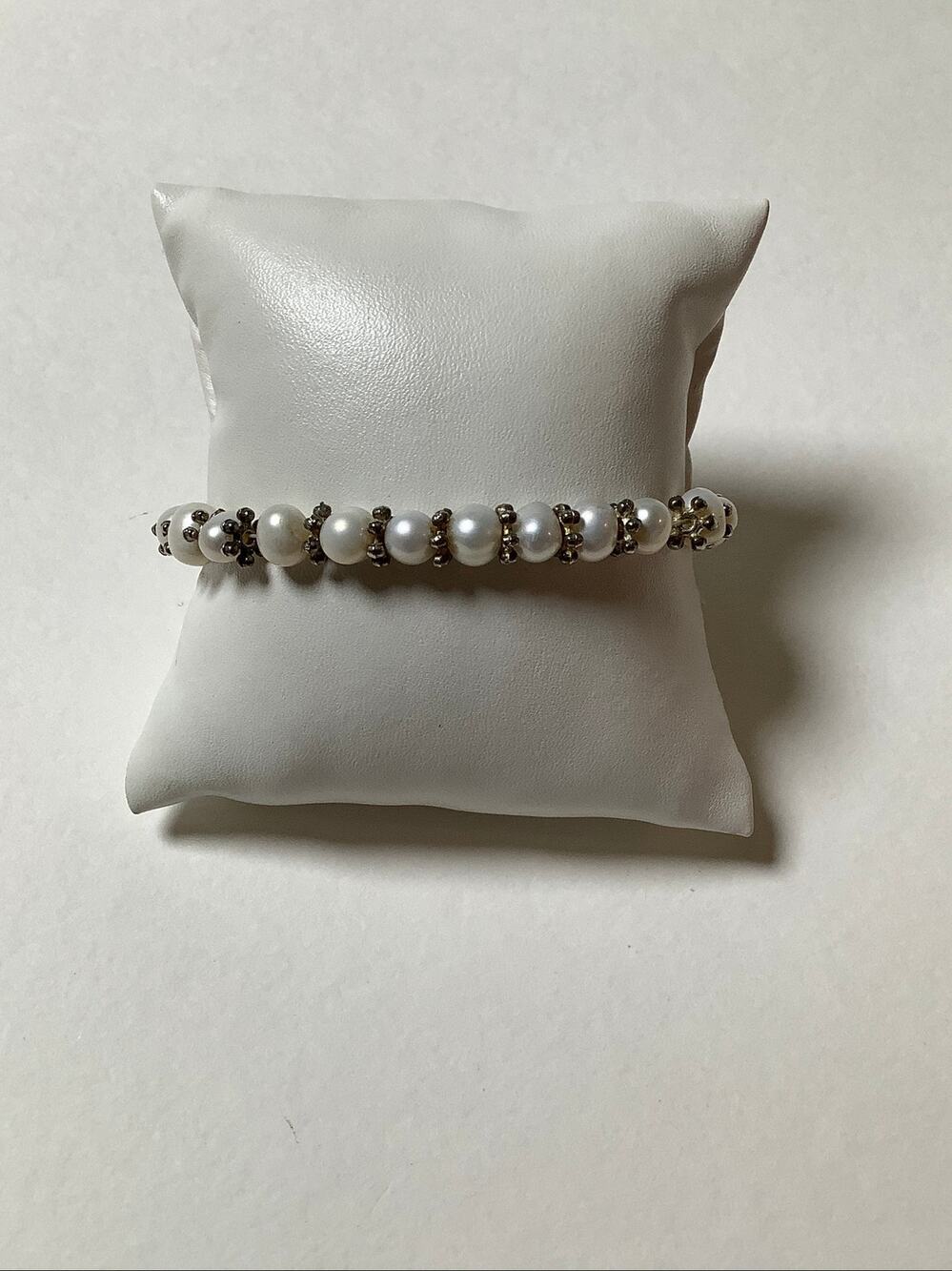 Genuine Freshwater Pearl Beaded Silver Stretch Bracelet Coquette Elegant F18-9